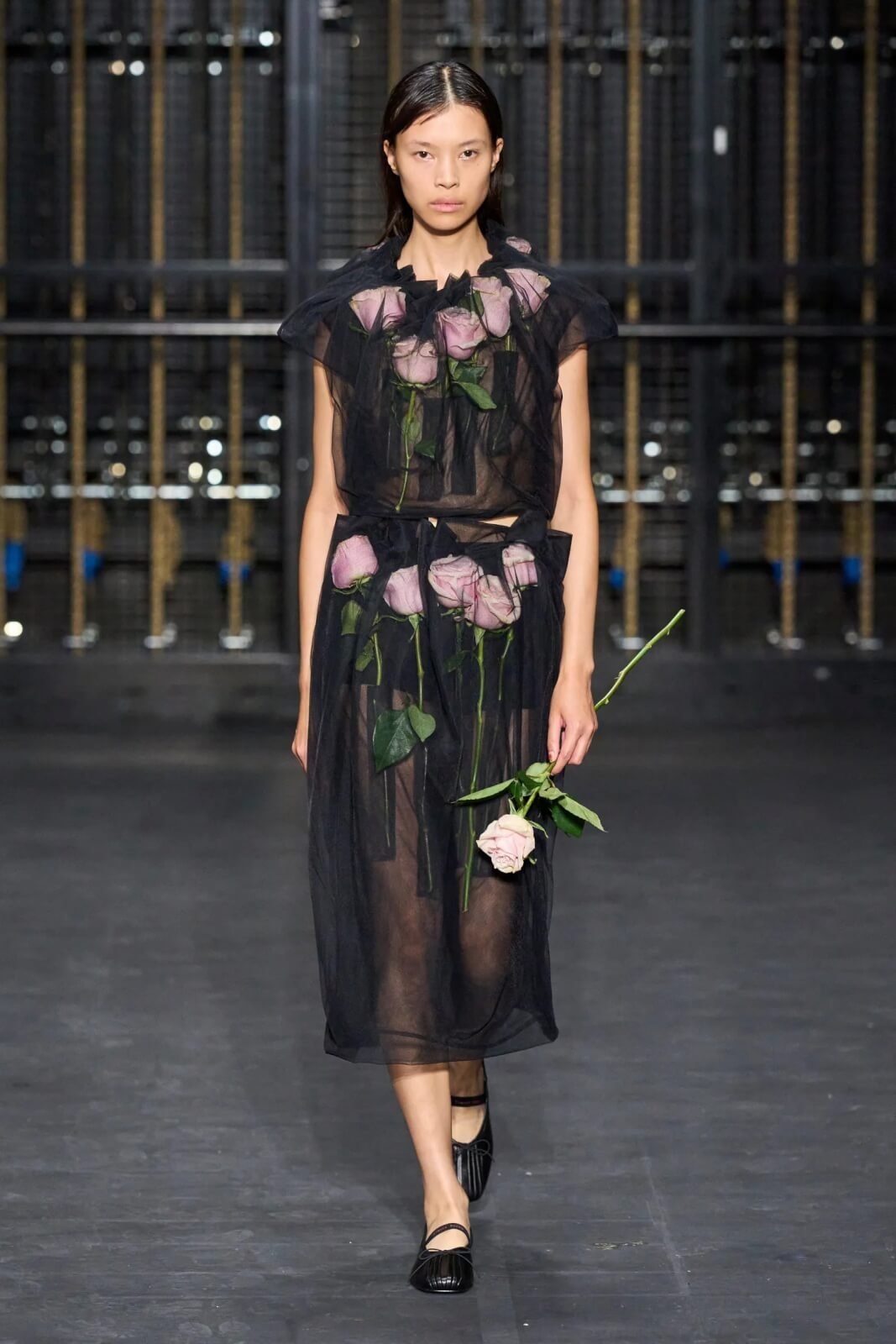 Model wearing black dress with pink roses inside