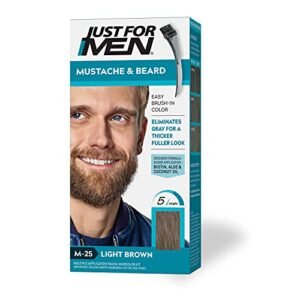 Just For Men Mustache & Beard, Beard Dye for Men with Brush Included for Easy Application, With Biotin Aloe and Coconut Oil for Healthy Facial Hair – Light Brown, M-25, Pack of 1