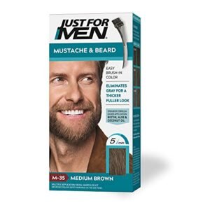 Just For Men Mustache & Beard, Beard Dye for Men with Brush Included for Easy Application, With Biotin Aloe and Coconut Oil for Healthy Facial Hair – Medium Brown, M-35, Pack of 1