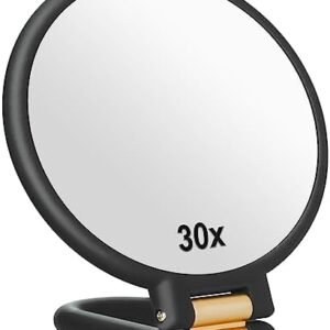 30x Magnifying Mirror, Travel Hand Mirrors with Handle – Double Side Handheld Mirror with 1X 30X Magnification & Adjustable Handle/Stand, Hand Held Foldable Travel Mirror for Makeup(Black)