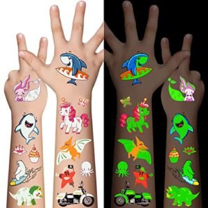 310pcs Luminous Temporary Tattoos For Kids,Mixed Styles Glow In The Dark Tattoos for Boys and Girls,Unicorn Dinosaur Pirate Mermaid Fake Tattoo Stickers,Glow Party Supplies Arts and Crafts