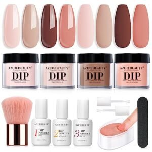 AZUREBEAUTY Dip Powder Nail Kit Starter, All Season Skin Tone Nude Brown 4 Colors Acrylic Dip Powder Liquid Set with Base/Top Coat Activator for French Nail Art Manicure DIY Salon Gifts