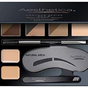 Aesthetica Brow Contour Kit 16-Piece Eyebrow Makeup Palette Set 6 Eyebrow Powders, 5 Eyebrow Stencils, Spoolie/Brush Duo, Tweezers, Eye Brow Wax, Highlighter – Unique Gifts For Women For Her Birthday