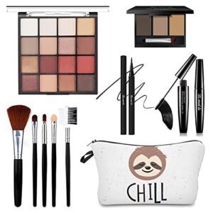 All in One Makeup Kit For Girls – 16 Colors Naked Eyeshadow Palette, 5Pcs Makeup Brushes, Waterproof Eyeliner Pencil, Eyebrow Powder, Mascara, Sloth Cosmetic Bag, Women and Teens Makeup Gift Set