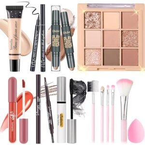 All in One Makeup Set Kit for Women Girls Teens, Makeup Gift Set, Includes 9 Color Eyeshadow, Counter Stick, Foundation, Eyebrow Pencil, Eyeliner, Mascara, Lip Gloss, 5Pcs Brushes, Sponge