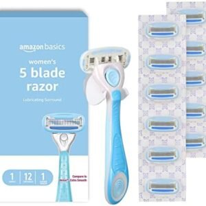 Amazon Basics 5-Blade Razor for Women, Handle, 12 Cartridges & Shower Hanger, Fit Handles only, 14 Piece Set, Blue