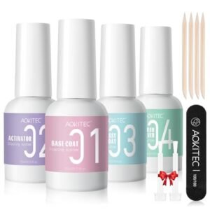 Aokitec 4+8PCS Dip Powder Liquid Set – 4*15ml Dip Base/Activator/ Top Coat/ Brush Saver for Dipping Powder System Dip Nails with Basic Nail Tools Dip Powder Nail Kit for DIY Manicure Salon-Quality