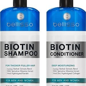 BELLISSO Biotin Shampoo and Conditioner Set – Sulfate and Paraben Free Treatment for Men and Women – Hair Thickening Volumizing Products to Help Boost Thinning Hair with Added Keratin