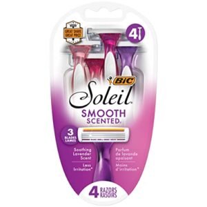 BIC Soleil Smooth Scented Women’s Disposable Razor, 3 Blades with a Moisture Strip For a Silky Shave, Assorted, 4 Piece Razor Set