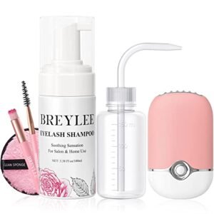 BREYLEE 100 ml Lash Shampoo for Lash Extensions, Lash Fan Dryer+Rinse Bottle+Brushes+Cotton Puff, Eyelash Extension Cleanser, Lash Bath Wash Soap Foam Cleaner for Salon and Home Use