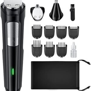 Beard Trimmer Hair Clipper for Men, 13 Piece Men’s Grooming Kit with Cordless Rechargeable Hair & Nose Trimmer Electric Shaver, Stainless Steel Blades for Painless Facial & Body Hair Removal