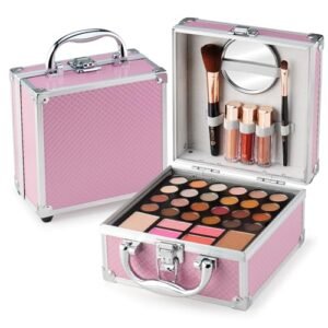 Beginner Makeup Kit For Teens With The Small Cosmetic Train Case Included 24-Colors Eyeshadow Palette Blushes Bronzer Highlighter Lipstick Brushes Mirror(Pink)