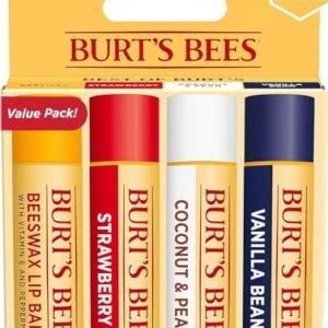 Burt’s Bees Lip Balm Easter Basket Stuffers – Beeswax, Strawberry, Coconut and Pear, and Vanilla Bean Pack, With Responsibly Sourced Beeswax, Tint-Free, Natural Lip Treatment, 4 Tubes, 0.15 oz.