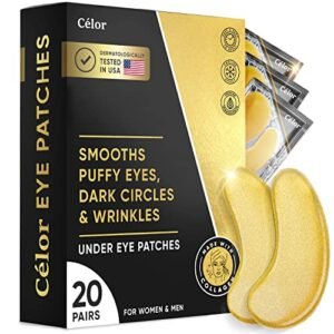 CÉLOR Under Eye Patches (20 Pairs) – Golden Eye Mask with Amino Acid & Collagen, Cooling Eye Care for Wrinkles, Puffy Eyes & Dark Circles, Skincare Treatment for Men & Women, Vegan & USA Tested