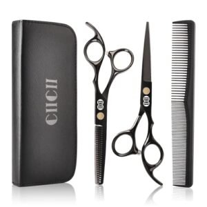 CIICII Hair Cutting Scissors Shears Kit, Professional Hairdressing Scissors Set (Hair Beard Trimming Shaping Grooming Thinning Shears) for Men Women Hairdresser Home Salon Barber Haircut Kit (Black)