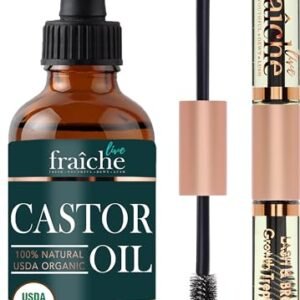 Castor Oil Organic (2oz) + Filled Mascara Tube USDA Certified, 100% Pure, Cold Pressed, Hexane Free by Live Fraiche. Hair Growth Oil for Eyelashes, Eyebrows, Hair. Lash Growth Serum. Brow Treatment