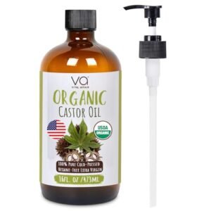 Castor Oil Organic Cold Pressed Unrefined Glass Bottle- USDA Certified Organic Castor Oil For Castor Oil Pack Wrap-Castor Oil For Skin, Hair Growth, Eyelashes, Eyebrows & Nails-16 fl oz