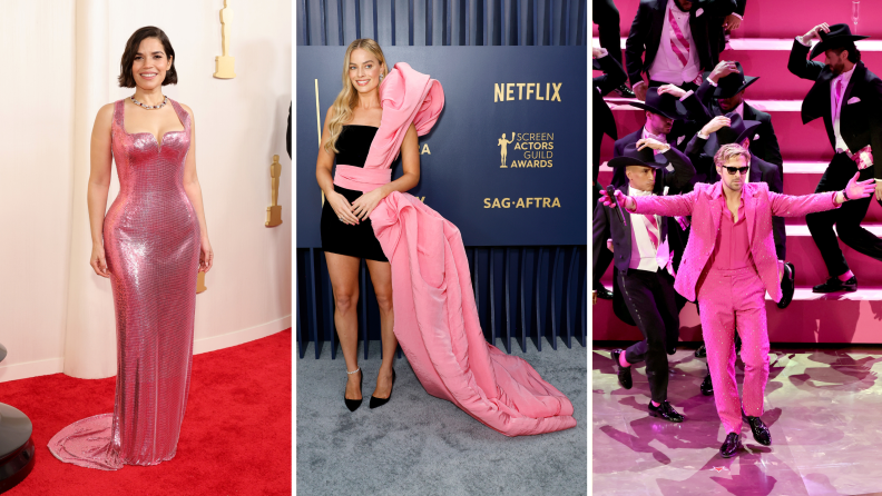 Collage of America Ferrera wearing a form-fitting pink gown at the Oscars, Margot Robbie wearing a black dress with pink sculptural element, and Ryan Gosling wearing a pink suit on the Oscars stage.