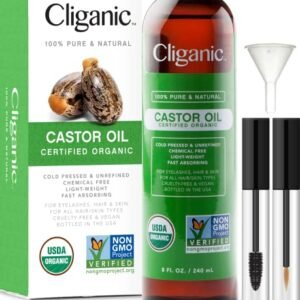 Cliganic USDA Organic Castor Oil, 100% Pure (8oz with Eyelash Kit) – For Eyelashes, Eyebrows, Hair & Skin | Natural Cold Pressed Unrefined Hexane-Free