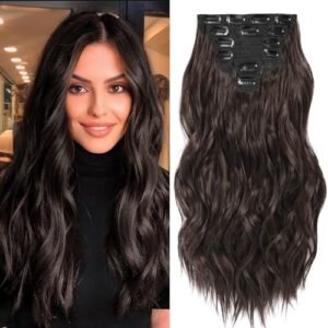 Clip in Hair Extensions, 6 PCS Natural & Soft Hair & Blends Well Hair Extensions, Dark Brown Long Wavy Hairpieces(20inch, 6pcs, Dark Brown)