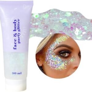 DAGEDA Body Glitter Gel, Face Glitter Body Gel Sequins Shimmer Liquid Eyeshadow, Chunky Glitter for Face Hair Nails, Holographic Cosmetic Laser Powder Festival Glitter Makeup 50ml(White)