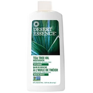 Desert Essence Tea Tree Oil Mouthwash, Spearmint, 8 fl oz – Alcohol Free, Sugar Free, Gluten Free, Vegan, Non-GMO – with Aloe, Vitamin C, Spearmint Essential Oil – Healthy Teeth & Gums, Fresh Breath