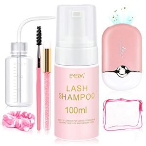 EMEDA Lash Shampoo for Extensions Cleaning Bath Kit for Cluster Lashes, Fan Brush Wash Bottle Hair Band, Oil Free Foam Soap Cleaner, Eyelash Cleanser