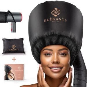 Eleganty Bonnet Hairdryer Attachment with Integrated Elastic Headband That Reduces Heat Around Ears & Neck – Hooded Hair Dryer Diffuser Cap, Used for Deep Conditioning and Hair drying (shiny black)