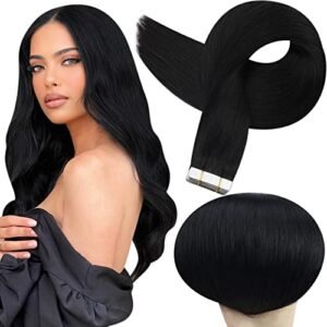 Full Shine Tape in Hair Extensions Human Hair 18 Inch Glue in Remy Hair Extensions Color 1 Jet Black Fashion Tape in Extensions, Tape in Human Hair Extensions 20Pcs 50Gram