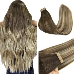 GOO GOO Human Hair Extensions Tape in 18 Inch Walnut Brown to Ash Brown and Bleach Blonde Real Human Hair Extensions 20pcs 50g Remy Tape in Hair Extensions Human Hair