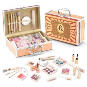 Girls Makeup Kits For Teens With Red Retro Train Case Included Portable Matte Shimmer Glitter Eyeshadow Palettes,Lipstick,Lip Oils,Blushes,Highlighter,Brushes,Mirror