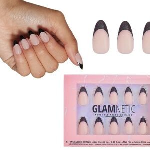 Glamnetic Press On Nails – Caviar | Semi-Transparent, Short Almond Nails, Reusable | 15 Sizes – 30 Nail Kit with Glue