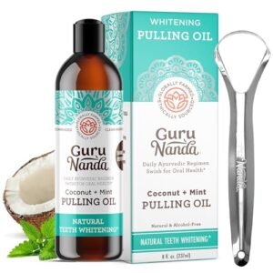 GuruNanda Coconut & Peppermint Oil Pulling (8 Fl.Oz) with Tongue Scraper – Alcohol Free Mouthwash for Fresh Breath, White Teeth & Healthy Teeth & Gums