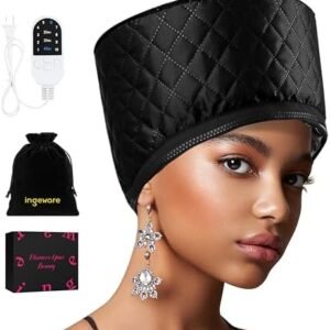 Heat Cap for Deep Conditioning, Ingeware Thermal Cap for Hair Steamer Cap for Natural Hair Portable Electric Heat Hair Spa Cap for Home Use Pattern (Solid Black)