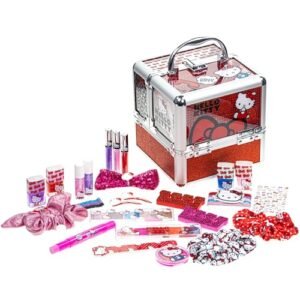 Hello Kitty – Townley Girl Train Case Cosmetic Makeup Set Includes Lip Gloss, Eye Shimmer, Nail Polish, Hair Accessories & More! For Girls, Ages 3+ Perfect for Parties & Makeovers