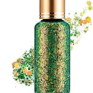 Holographic Body Glitter Gel for Face, Body, Nail, Super Long Lasting Waterproof Quick Dry Liquid Chunky Green Glitter for St. Patrick’s Day Makeup Accessories, 1oz (Brass Green)