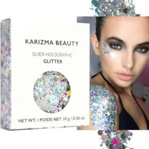 KARIZMA Holographic Silver Body Glitter. 10g Glitter for Chunky Face , Hair, Eye and Body for Women. Rave Glitter, Festival Accessories, Cosmetic Makeup. Loose Glitter Set