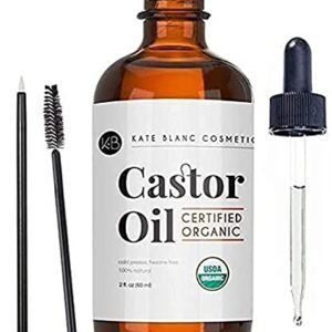 Kate Blanc Cosmetics Castor Oil (2oz), USDA Certified Organic, 100% Pure, Cold Pressed, Hexane Free Stimulate Growth for Eyelashes, Eyebrows, Hair. Skin Moisturizer & Hair Treatment Starter Kit