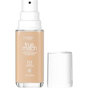 L’Oreal Paris True Match Super-Blendable Foundation, Medium Coverage Liquid Foundation Makeup, N3, Light Medium, 1 Fl Oz