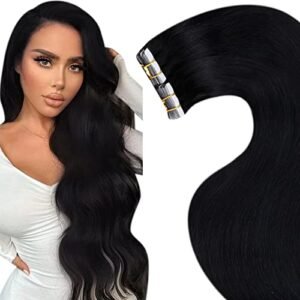 LaaVoo Black Tape in Hair Extensions Human Hair Jet Black Tape ins for Black Women Human Hair Thick End Straight 18 inch 20pcs 50g