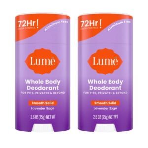 Lume Whole Body Deodorant – Smooth Solid Stick – 72 Hour Odor Control – Aluminum Free, Baking Soda Free and Skin Safe – 2.6 Ounce (Pack of 2) (Lavender Sage)