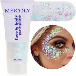 MEICOLY Clear White Body Glitter,Mardi Gras Face Glitter Singer Concerts Festival Rave Accessories,Mermaid Sequins Glitter Face Paint,Chunky Hair Sparkling Halloween Glitter Gel for Women,50ml