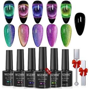 MIZHSE 9D Cat Eye Gel Nail Polish, Magnetic Cat Eye Gel Polish Set, 10ml*6 with 2 Magnets, Classic Colors Chameleon Magic Galaxy Effect Soak off Nail Art – Sparkle Stunning Gel Polish Gift for Women