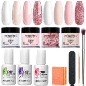 Modelones Dip Powder Nail Kit Starter, 4 Colors Nude Pink Bubble Bath Glitter Snow White Skin Dipping Powder Liquid Set Base Top Activator DIY Kit