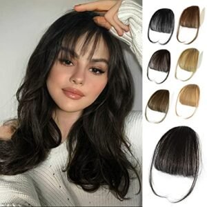 NAYOO Clip in Bangs – 100% Human Hair Wispy Bangs Clip in Hair Extensions, Brown Black Air Bangs Fringe with Temples Hairpieces for Women Curved Bangs for Daily Wear