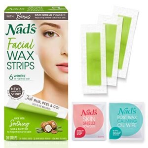 Nad’s Facial Wax Strips – Hypoallergenic All Skin Types – Facial Hair Removal For Women – At Home Waxing Kit with 20 Face Wax Strips + 4 Calming Oil Wipes + Skin Protection Powder