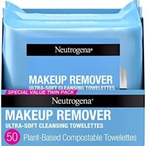 Neutrogena Cleansing Fragrance Free Makeup Remover Face Wipes, Cleansing Facial Towelettes for Waterproof Makeup, Alcohol-Free, Unscented, 100% Plant-Based Fibers, Twin Pack, 2 x 25 ct