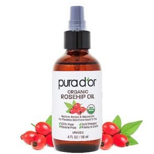 PURA D’OR 4 Oz ORGANIC Rosehip Seed Oil 100% Pure Cold Pressed USDA Certified All Natural Moisturizer For Anti-Aging, Acne Scar Treatment, Gua Sha Massage, Face, Hair & Skin, Women & Men