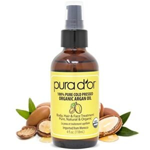 PURA D’OR Organic Moroccan Argan Oil (4oz / 118mL) USDA Certified 100% Pure Cold Pressed Virgin Premium Grade Moisturizer Treatment for Dry, Damaged Skin, Hair, Face, Body, Scalp (Packaging may vary)