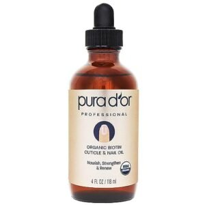 PURA D’OR Organic Nail & Cuticle Oil (4oz) – Enriched with Biotin, Vitamin E, Natural Ingredients – Nourishing Treatment for Nail Growth & Healthy Beds